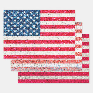 Girly Cute Fun Glitter Patriotic American USA Flag Wrapping Paper Sheet