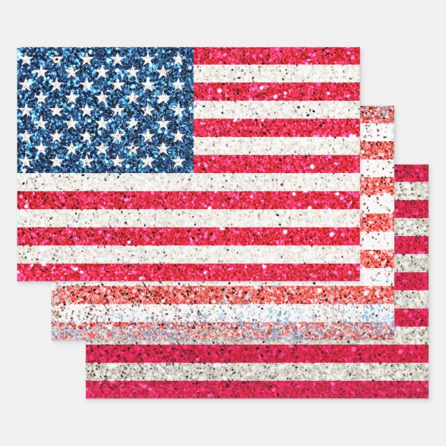 Girly Cute Fun Glitter Patriotic American USA Flag Wrapping Paper Sheet (Set)
