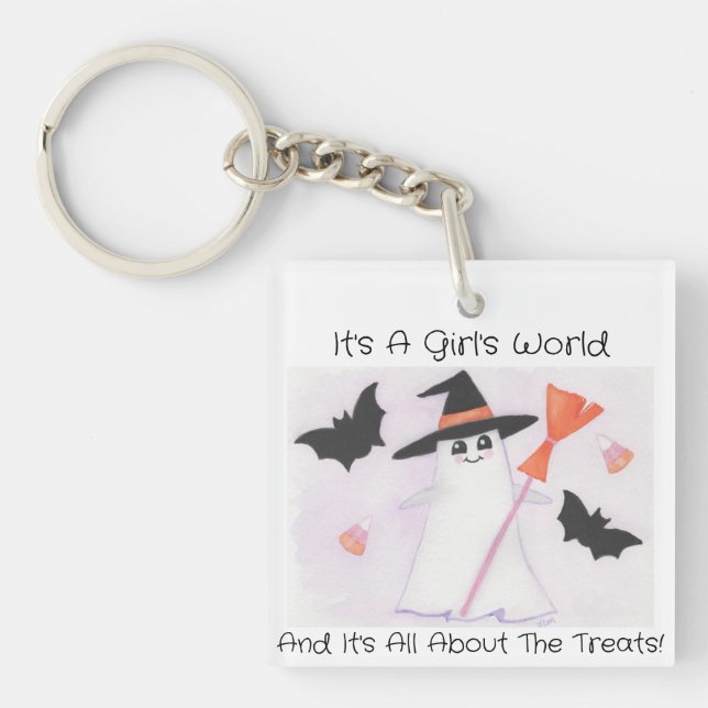 Girly Cute Ghost with bats and candy corn Key Ring (Front)