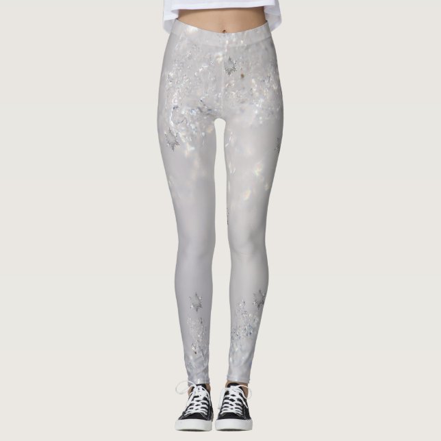 Girly Cute Glittery Snowflakes Leggings (Front)