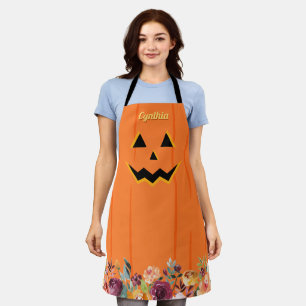Girly Cute Jack O' Lantern Pumpkin Fall Floral Apron