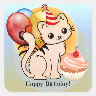 Girly Cute Kitty Happy Birthday Stickers