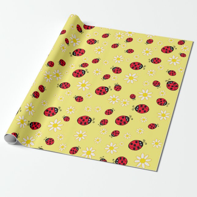 girly cute ladybug and daisy flower pattern yellow wrapping paper (Unrolled)