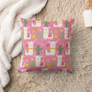 Girly Cute Llamas Green Cactus Rainbows Pink Cushion
