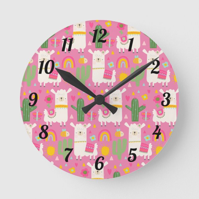 Girly Cute Llamas Green Cactus Rainbows Pink Round Clock (Front)
