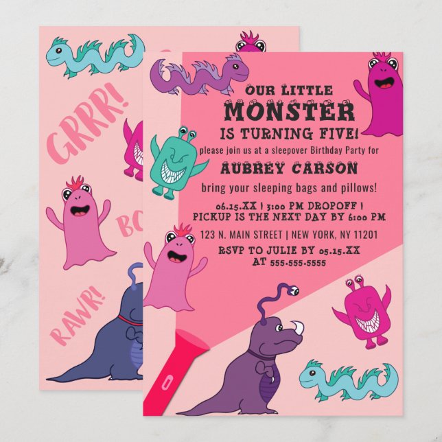 Girly Cute Monster Flashlight Sleepover Birthday Invitation (Front/Back)