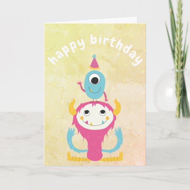Girly Cute Monster Size Birthday Pink Yellow Card (Front)