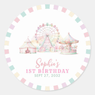 Girly Cute Pastel Carnival Circus Kids Birthday Classic Round Sticker