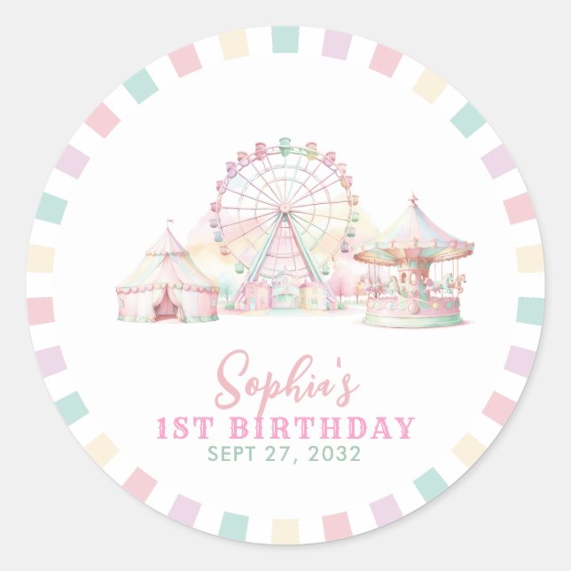 Girly Cute Pastel Carnival Circus Kids Birthday Classic Round Sticker (Front)