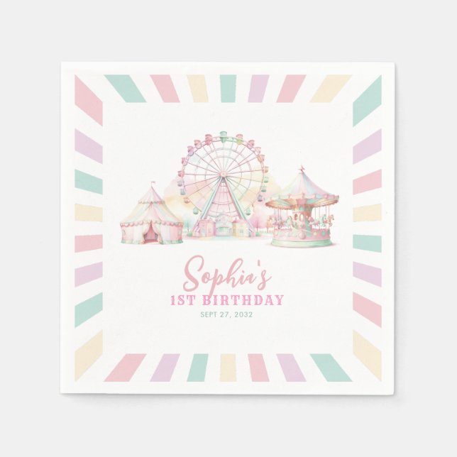 Girly Cute Pastel Carnival Circus Kids Birthday Napkin (Front)