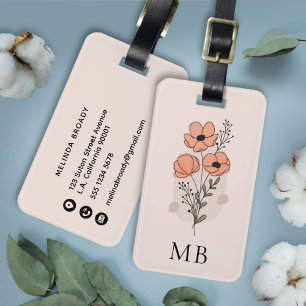 Girly Cute Peach Flowers with monogram and name Luggage Tag