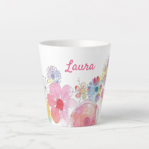 Girly Cute Personalised Floral Watercolor Latte Mug