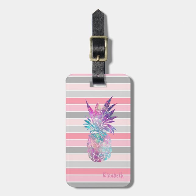 Girly Cute Pineapple , Stripes Luggage Tag (Front Vertical)