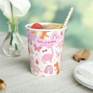 Girly Cute Pink Baby Dinosaur Kids Birthday Paper Cups