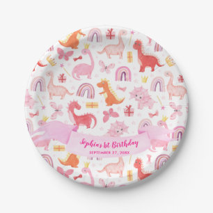 Girly Cute Pink Baby Dinosaur Kids Birthday Paper Plate