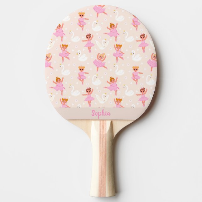 Girly Cute Pink Ballerina Pattern Custom Name Kids Ping Pong Paddle (Front)