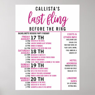 Girly Cute Pink Black Bachelorette Party Itinerary Poster