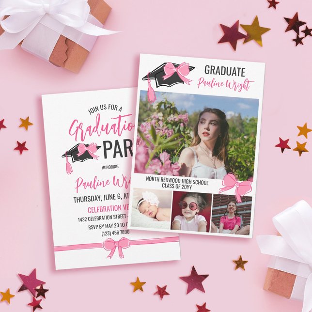 Girly Cute Pink Bows Photos Graduation Celebration Invitation (Creator Uploaded)