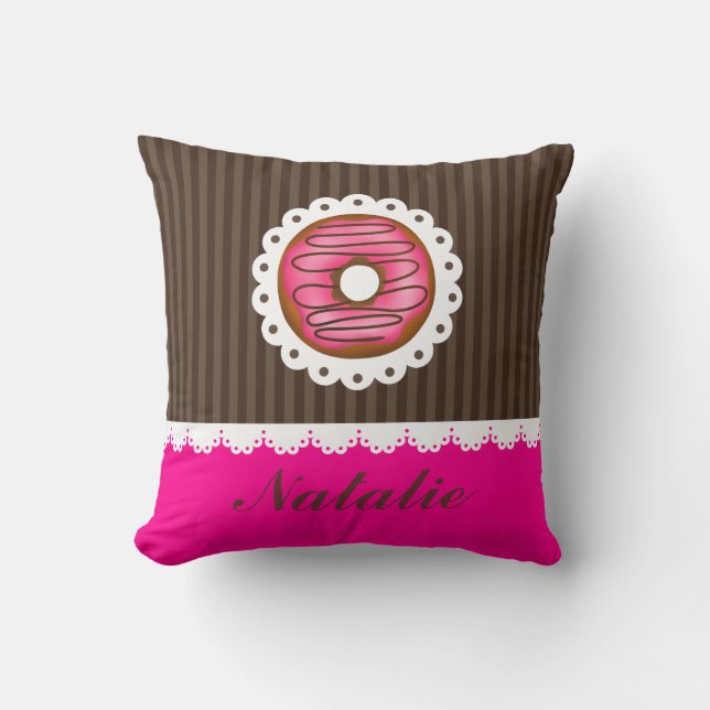 Girly Cute Pink & Brown Doughnut Personalised Name Cushion (Front)