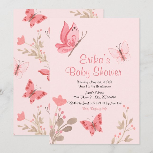 Girly Cute Pink Butterflies Baby Shower Invitation (Front/Back)