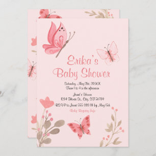 Girly Cute Pink Butterflies Baby Shower Invitation