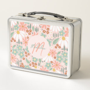 Girly Cute Pink Daisy Wildflower Monogram Kids Metal Lunch Box