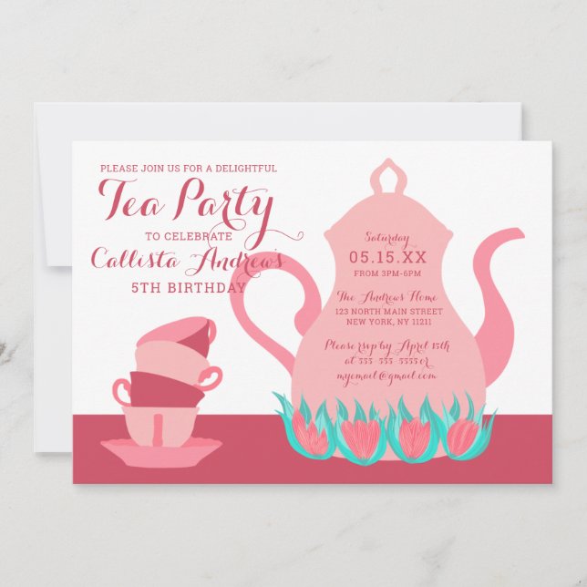 Girly Cute Pink Teal Floral Tea Party Birthday Invitation (Front)