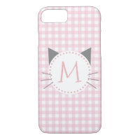 Girly Cute Pink & White Gingham | Cat Monogram