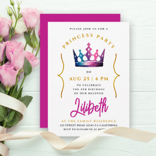 Girly Cute Princess Pink Crown Watercolor Invitation