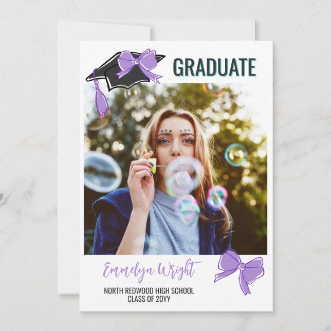 Girly Cute Purple Bows Photos Graduation Announcement (Front)