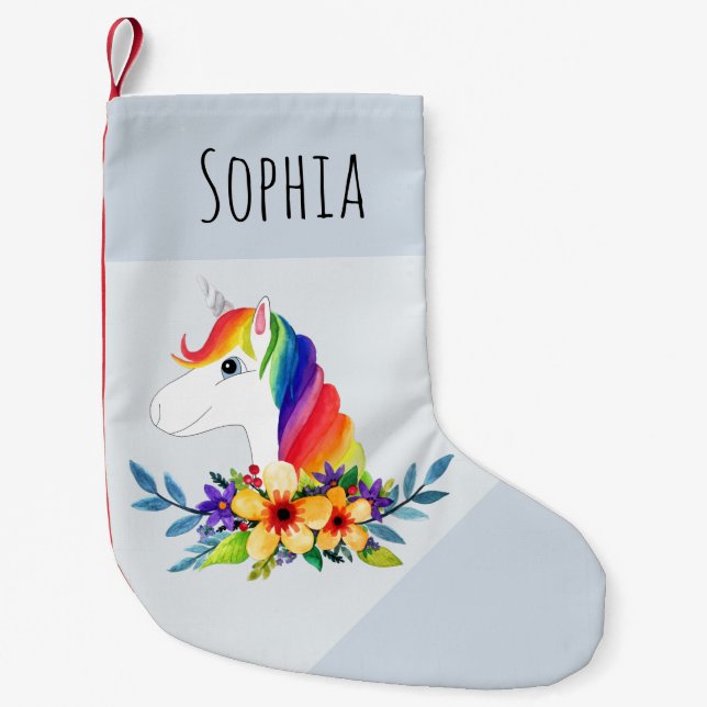 Girly Cute Rainbow Unicorn Cartoon and Name Kids Small Christmas Stocking (Front)