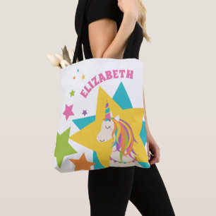 Girly Cute Rainbow Unicorn Stars Add Your Name Tote Bag