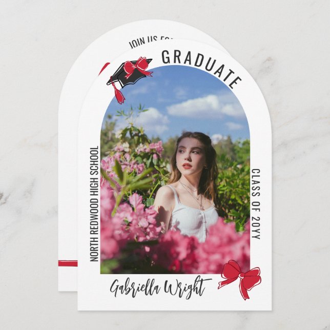Girly Cute Red Bows Arch Graduation Celebration Invitation (Front/Back)