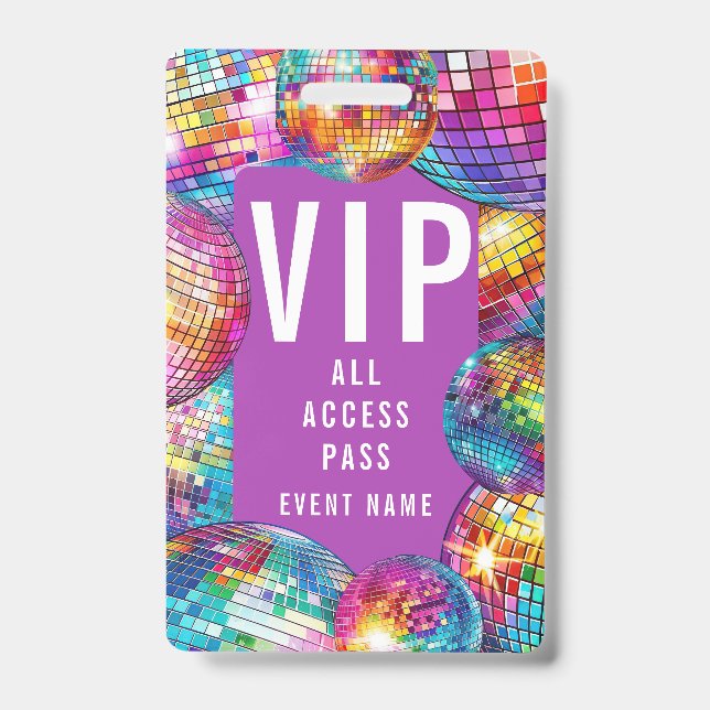 Girly Cute VIP All Access Pass QR Code Disco Ball ID Badge (Front)