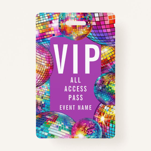 Girly Cute VIP All Access Pass QR Code Disco Ball ID Badge (Front)