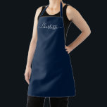Girly dark navy blue custom script name monogram apron<br><div class="desc">Personalised dark navy blue custom modern script name text monogram solid plain colour girly stylish elegant chic dark navy blue and white text kitchen Apron. Customise,  personalise it with name,  quote,  phrase,  or text.
Great for cooks,  chefs,  pottery,  ceramics,  crafts,  work,  kitchen,  baking,  bbq,  grill,  etc</div>