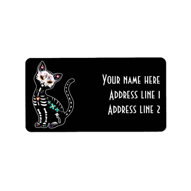 Girly Day of the Dead cute cat custom black Label (Front)