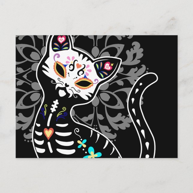 Girly Day of the Dead cute cat custom black Postcard (Front)