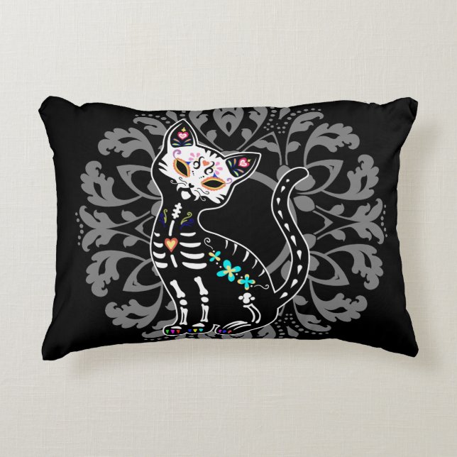 Girly Day of the Dead cute cat custom monogram Decorative Cushion (Front)
