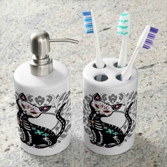 Girly Day of the Dead cute cat custom white Soap Dispenser And Toothbrush Holder (Front)