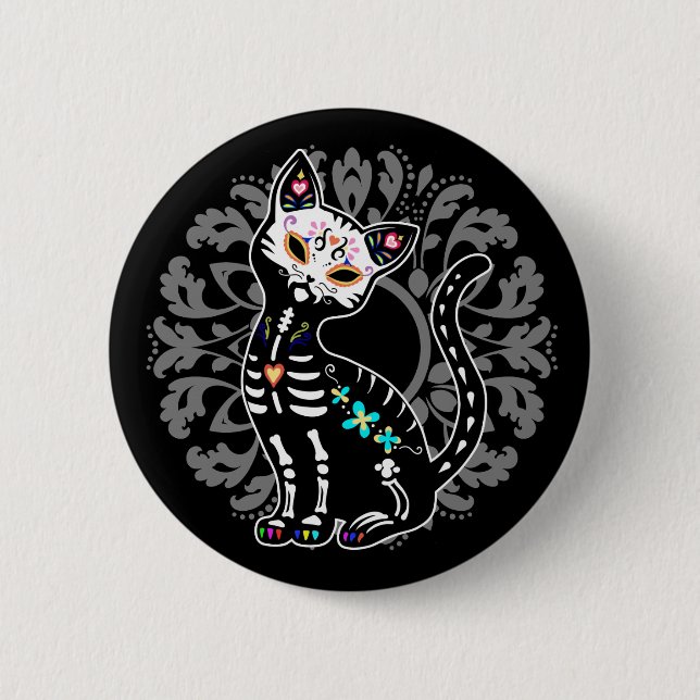 Girly Day of the Dead cute skeleton cat custom 6 Cm Round Badge (Front)