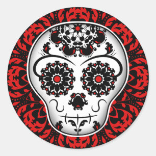 Girly day of the dead sugar skull red and black classic round sticker