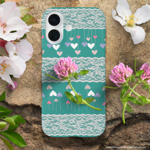 Girly decorated heart pattern with lace Turquoise iPhone 16 Case