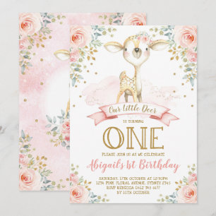 Girly Deer 1st Birthday Blush Gold Floral Woodland Invitation