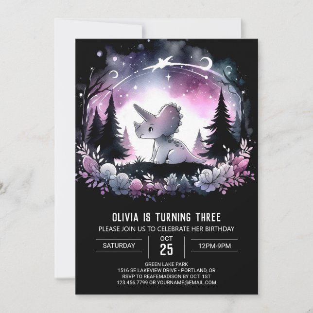 Girly Digital Triceratops Birthday Invitation (Front)