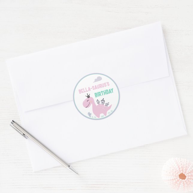 Girly Dinosaur A-Roar-able Birthday Party Classic Round Sticker (Envelope)