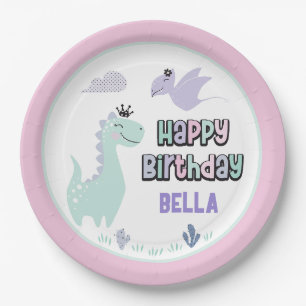 Girly Dinosaur A-Roar-able Happy Birthday Paper Plate
