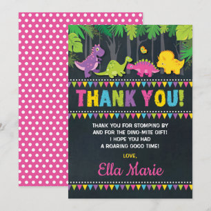 Girly Dinosaur Birthday Party Pink Thank You Card