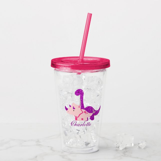 Girly Dinosaur Glitter Personalise Acrylic Tumbler (Back Ice)