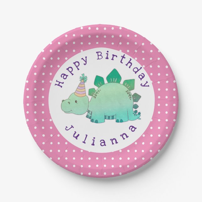 Girly Dinosaur | Kids Birthday Party Paper Plate (Front)